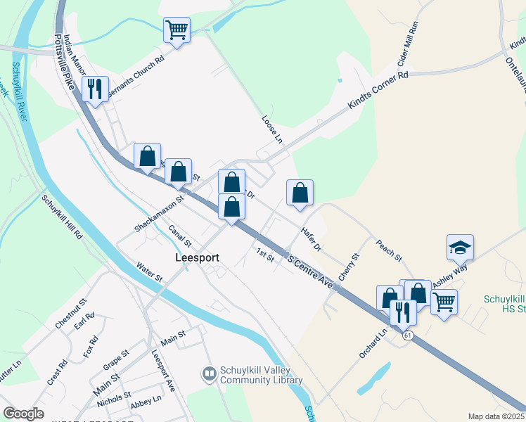 map of restaurants, bars, coffee shops, grocery stores, and more near 64 Hafer Drive in Leesport