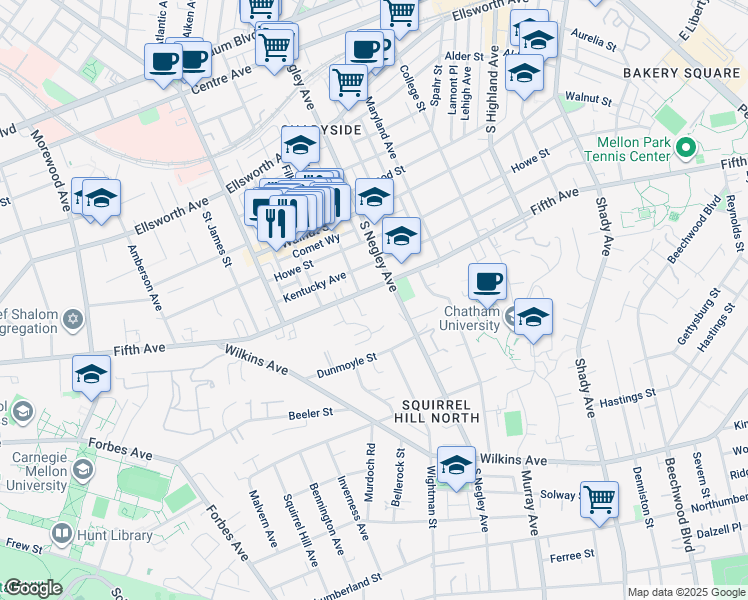 map of restaurants, bars, coffee shops, grocery stores, and more near 5600 Fifth Avenue in Pittsburgh