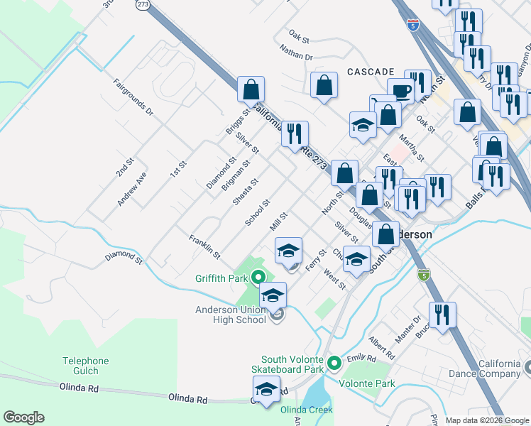map of restaurants, bars, coffee shops, grocery stores, and more near 1695 School Street in Anderson