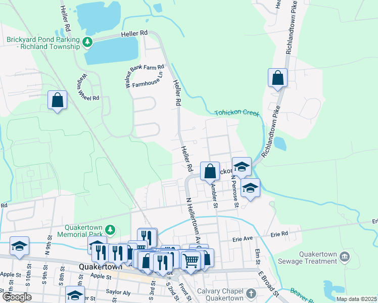 map of restaurants, bars, coffee shops, grocery stores, and more near 205 Lancaster Court in Quakertown