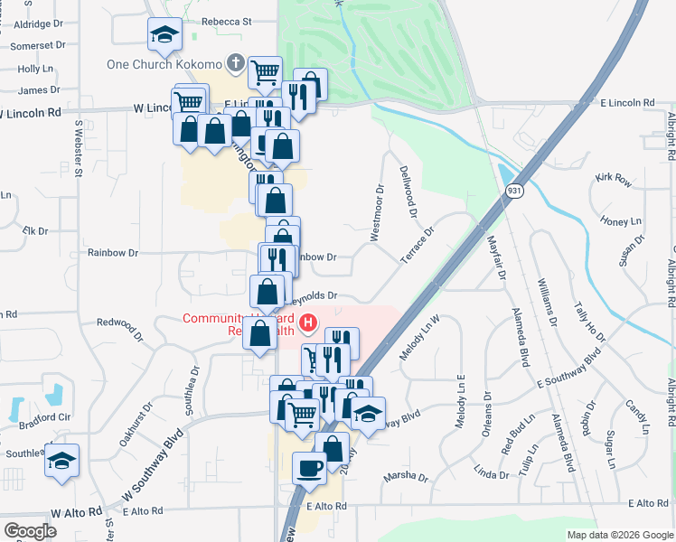 map of restaurants, bars, coffee shops, grocery stores, and more near 528 Meadow Drive in Kokomo