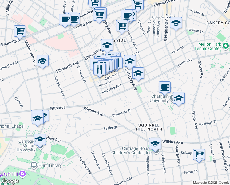 map of restaurants, bars, coffee shops, grocery stores, and more near 5517 Fifth Avenue in Pittsburgh