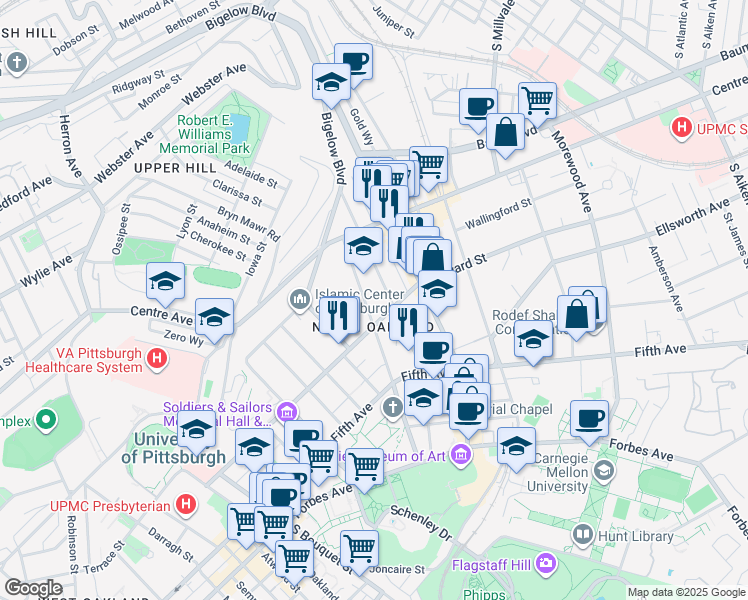map of restaurants, bars, coffee shops, grocery stores, and more near 220 North Bellefield Avenue in Pittsburgh