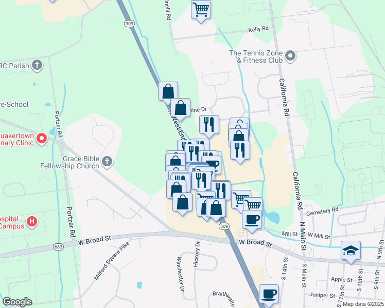 map of restaurants, bars, coffee shops, grocery stores, and more near 200 North West End Boulevard in Quakertown