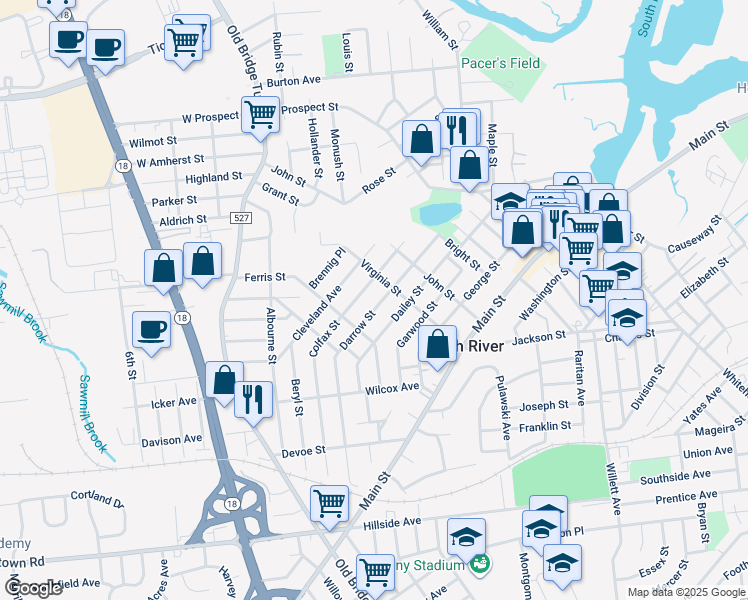 map of restaurants, bars, coffee shops, grocery stores, and more near 41 Dailey Street in South River