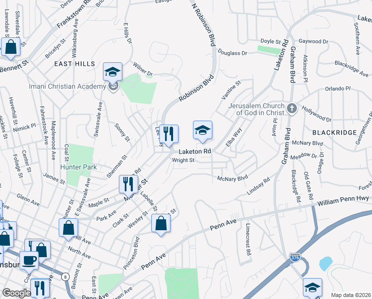 map of restaurants, bars, coffee shops, grocery stores, and more near 1746 Laketon Road in Pittsburgh
