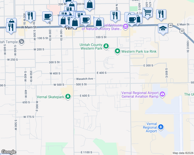 map of restaurants, bars, coffee shops, grocery stores, and more near 443 South 200 East in Vernal