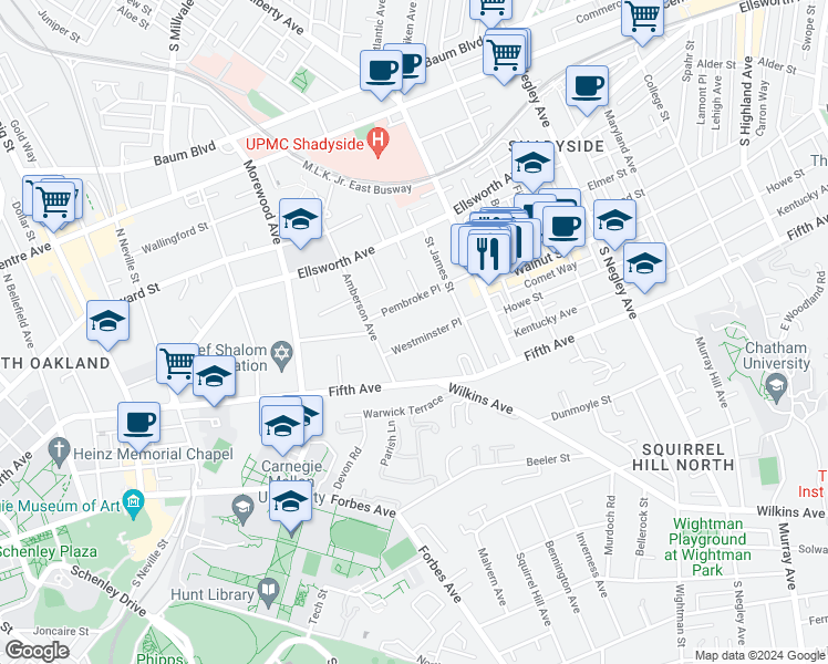 map of restaurants, bars, coffee shops, grocery stores, and more near 5139 Westminster Place in Pittsburgh