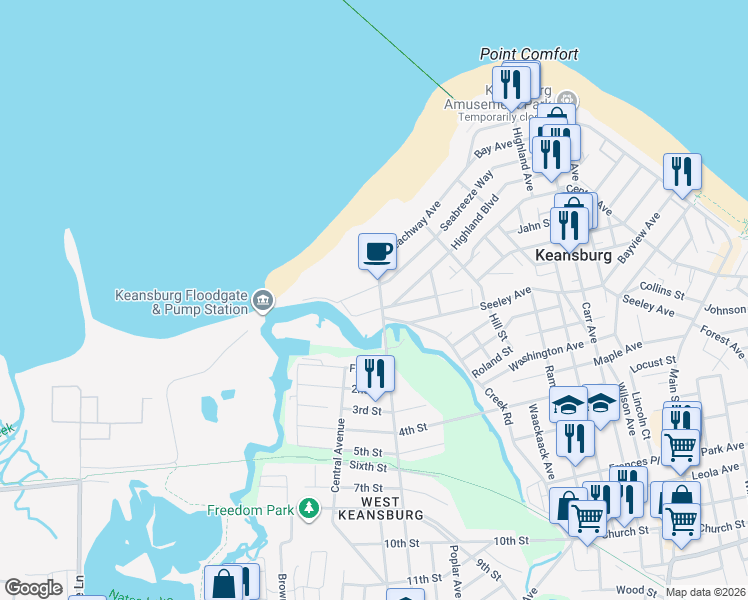 map of restaurants, bars, coffee shops, grocery stores, and more near 89 Maplewood Avenue in Keansburg
