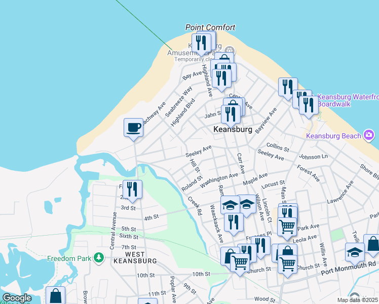 map of restaurants, bars, coffee shops, grocery stores, and more near 184 Seeley Avenue in Keansburg