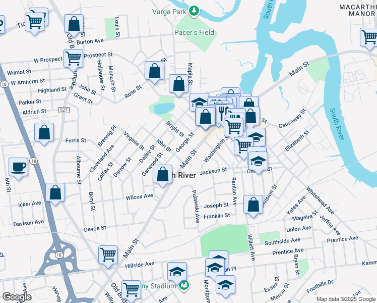 map of restaurants, bars, coffee shops, grocery stores, and more near 100 Main Street in South River