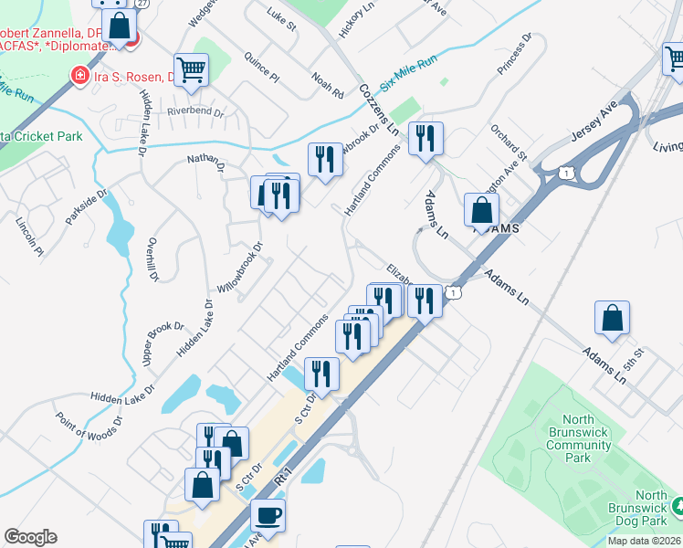 map of restaurants, bars, coffee shops, grocery stores, and more near 68 Clay Street in North Brunswick Township