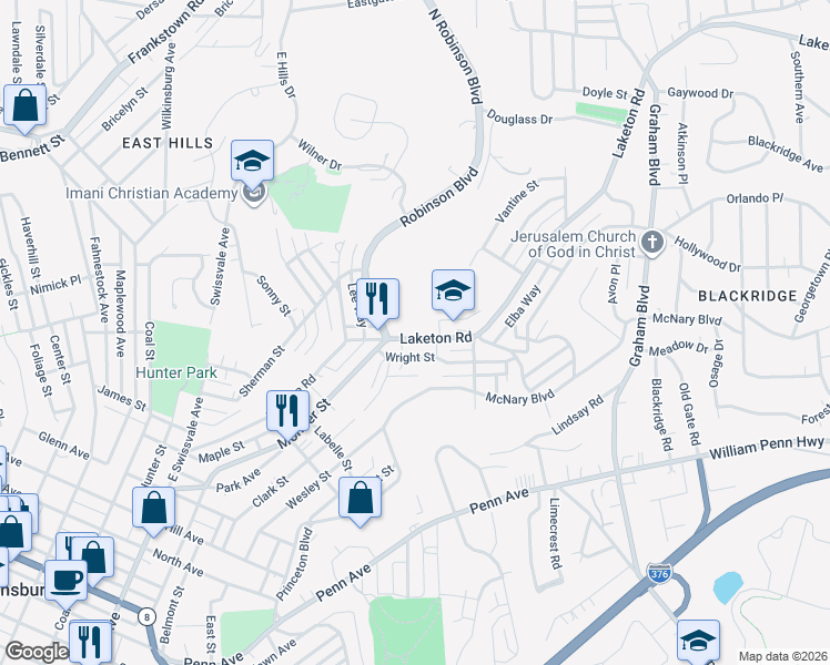 map of restaurants, bars, coffee shops, grocery stores, and more near 1746 Laketon Road in Pittsburgh