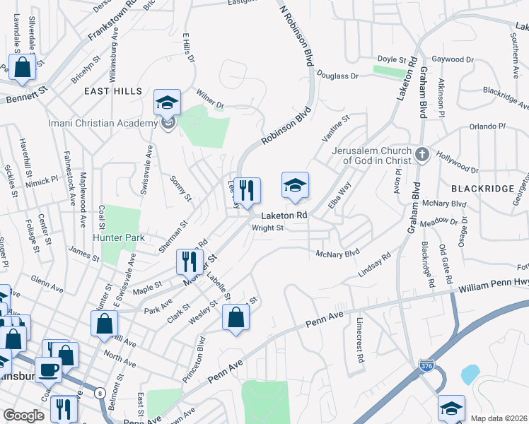 map of restaurants, bars, coffee shops, grocery stores, and more near 1746 Laketon Road in Pittsburgh