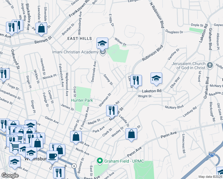 map of restaurants, bars, coffee shops, grocery stores, and more near 1339 Sherman Street in Pittsburgh