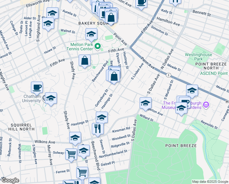 map of restaurants, bars, coffee shops, grocery stores, and more near 430 South Linden Avenue in Pittsburgh
