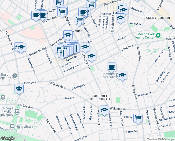 map of restaurants, bars, coffee shops, grocery stores, and more near 5600 Fifth Avenue in Pittsburgh