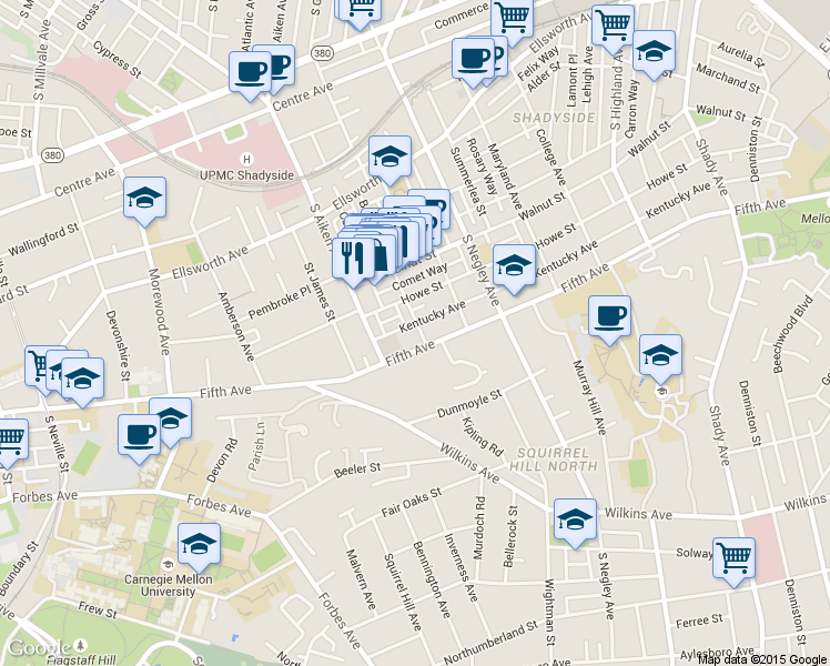 map of restaurants, bars, coffee shops, grocery stores, and more near 5425 Fifth Avenue in Pittsburgh