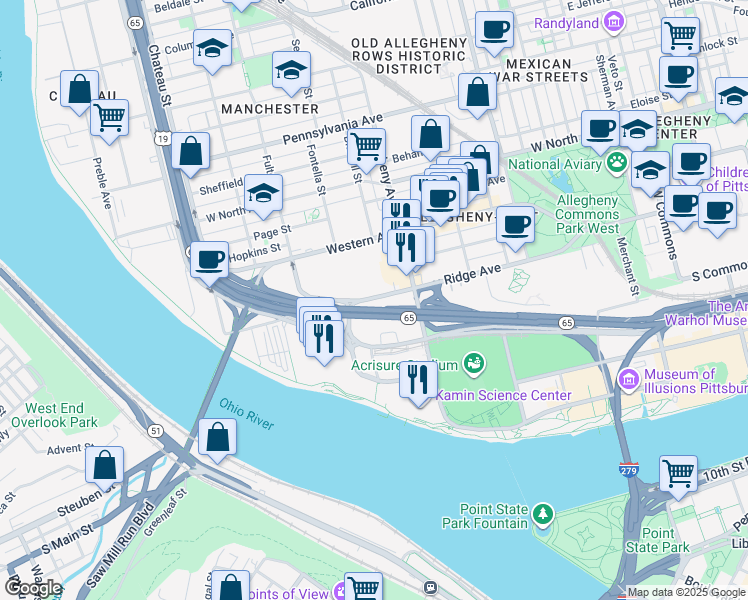 map of restaurants, bars, coffee shops, grocery stores, and more near 1129 Ridge Avenue in Pittsburgh