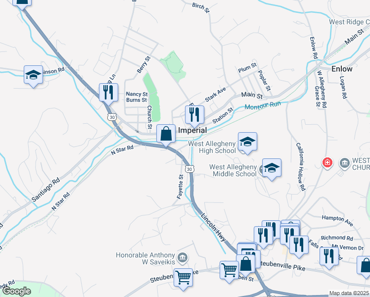 map of restaurants, bars, coffee shops, grocery stores, and more near 390 U.S. 30 in Imperial