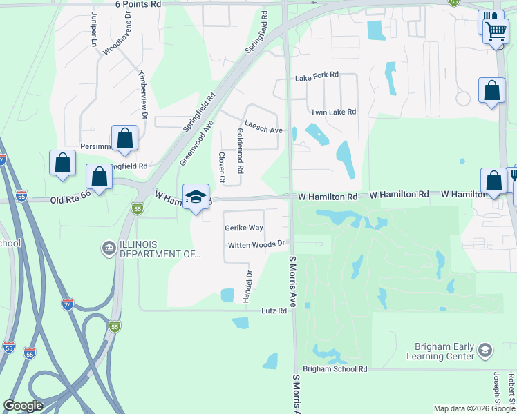 map of restaurants, bars, coffee shops, grocery stores, and more near 907 Wartburg Drive in Bloomington