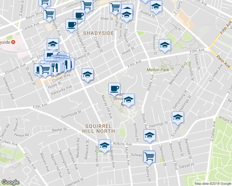 map of restaurants, bars, coffee shops, grocery stores, and more near 5700 Chapel Hill Road in Pittsburgh