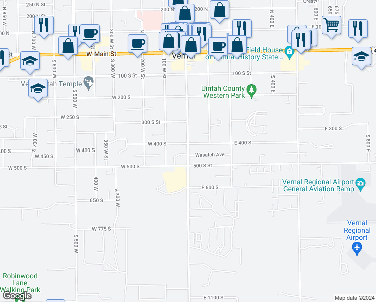 map of restaurants, bars, coffee shops, grocery stores, and more near 433 South Vernal Avenue in Vernal