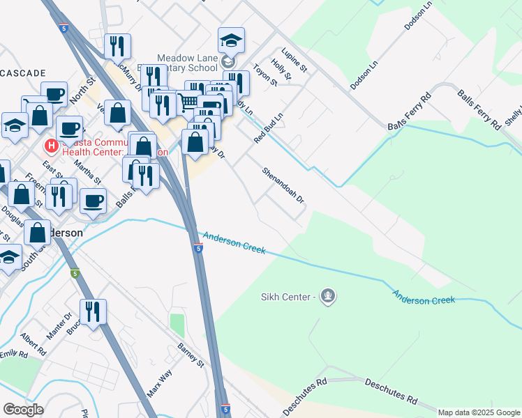 map of restaurants, bars, coffee shops, grocery stores, and more near 2601 Sapphire Lane in Anderson