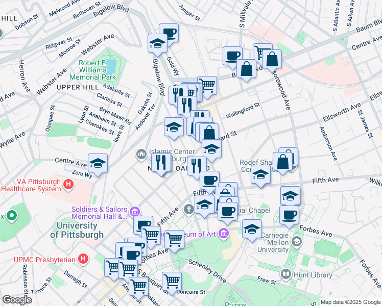 map of restaurants, bars, coffee shops, grocery stores, and more near 200 North Dithridge Street in Pittsburgh