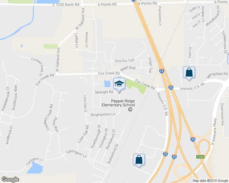 map of restaurants, bars, coffee shops, grocery stores, and more near 2804 Spangle Road in Bloomington