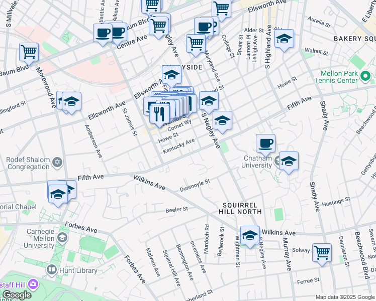map of restaurants, bars, coffee shops, grocery stores, and more near 5517 Fifth Avenue in Pittsburgh