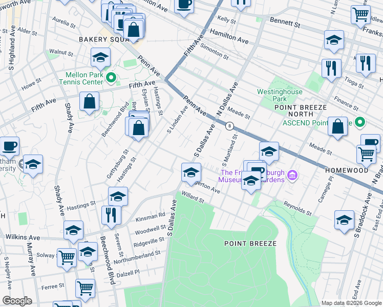 map of restaurants, bars, coffee shops, grocery stores, and more near 325 South Dallas Avenue in Pittsburgh