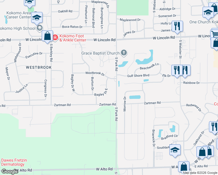 map of restaurants, bars, coffee shops, grocery stores, and more near 2923 South Park Road in Kokomo