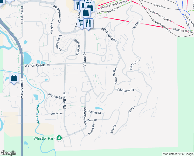 map of restaurants, bars, coffee shops, grocery stores, and more near 3320 Columbine Drive in Steamboat Springs