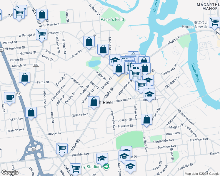 map of restaurants, bars, coffee shops, grocery stores, and more near 100 Main Street in South River