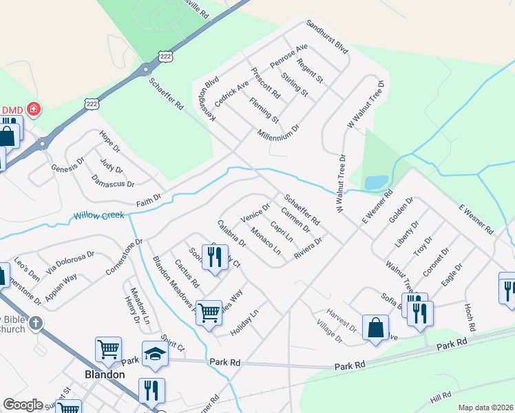 map of restaurants, bars, coffee shops, grocery stores, and more near 512 Venice Drive in Blandon