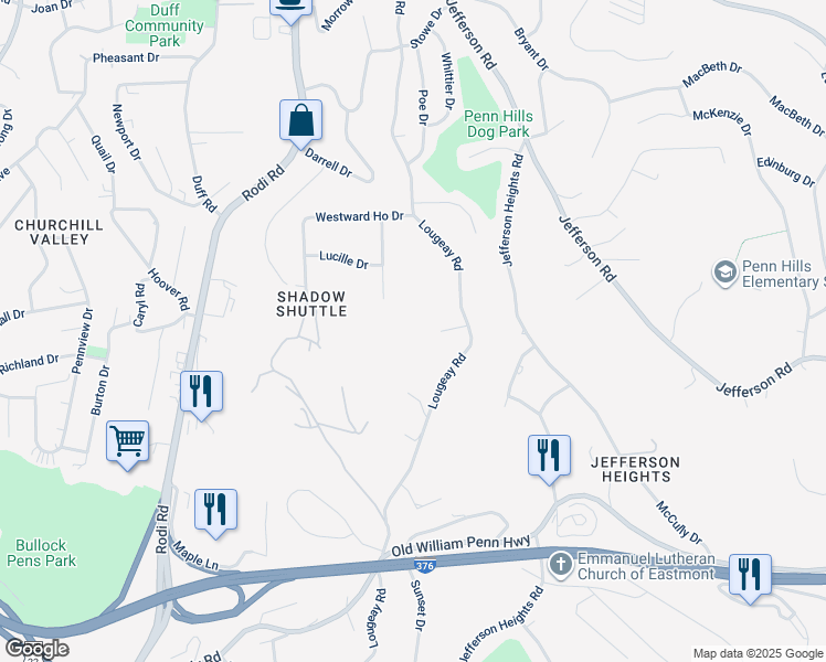map of restaurants, bars, coffee shops, grocery stores, and more near 626 Lougeay Road in Pittsburgh