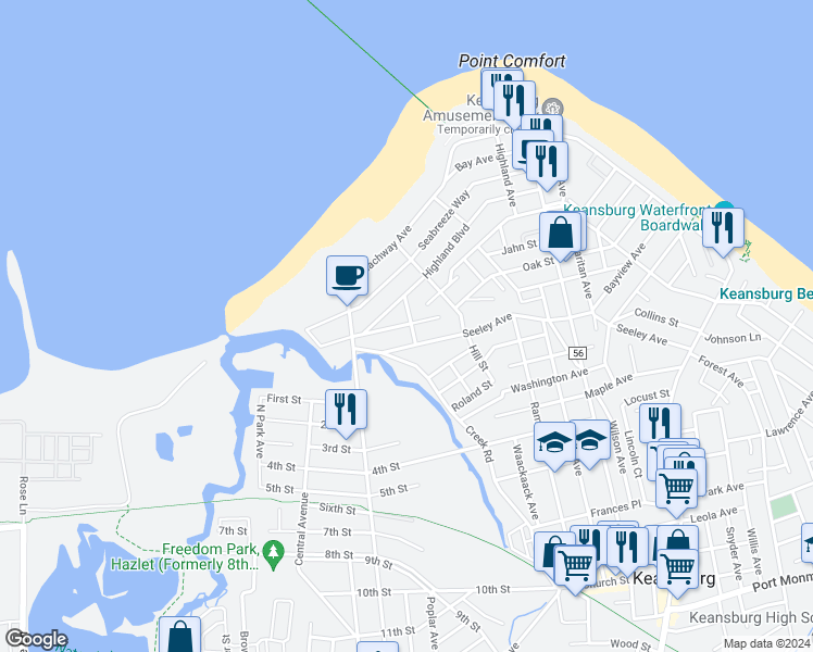 map of restaurants, bars, coffee shops, grocery stores, and more near 21 Saint Peters Place in Keansburg