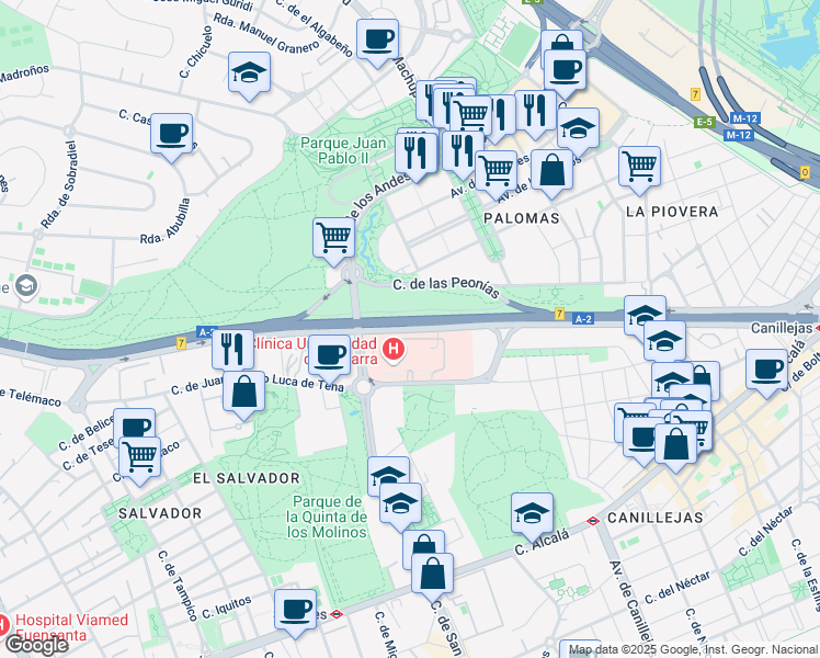 map of restaurants, bars, coffee shops, grocery stores, and more near 80 Avenida de América in Madrid