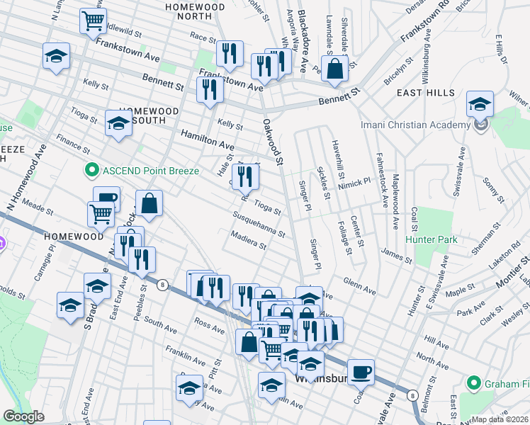 map of restaurants, bars, coffee shops, grocery stores, and more near 7945 Susquehanna Street in Pittsburgh