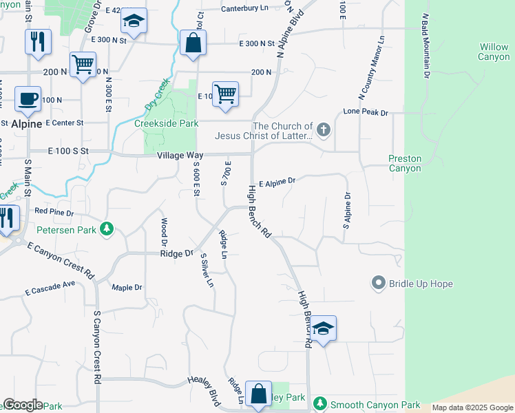 map of restaurants, bars, coffee shops, grocery stores, and more near 289 High Bench Road in Alpine