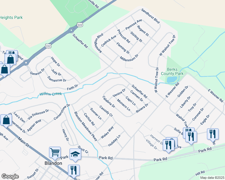 map of restaurants, bars, coffee shops, grocery stores, and more near 511 Calabria Drive in Blandon