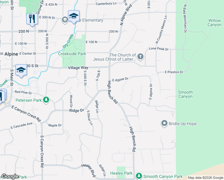 map of restaurants, bars, coffee shops, grocery stores, and more near 289 High Bench Road in Alpine