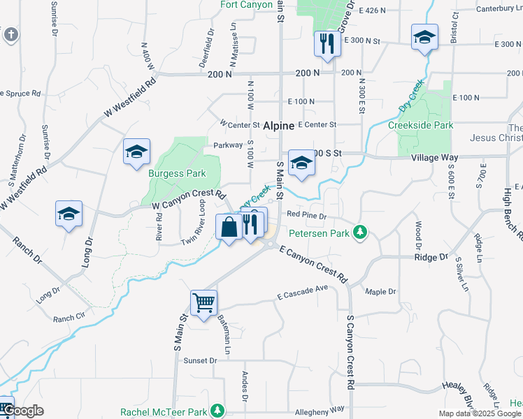 map of restaurants, bars, coffee shops, grocery stores, and more near 250 South Main Street in Alpine