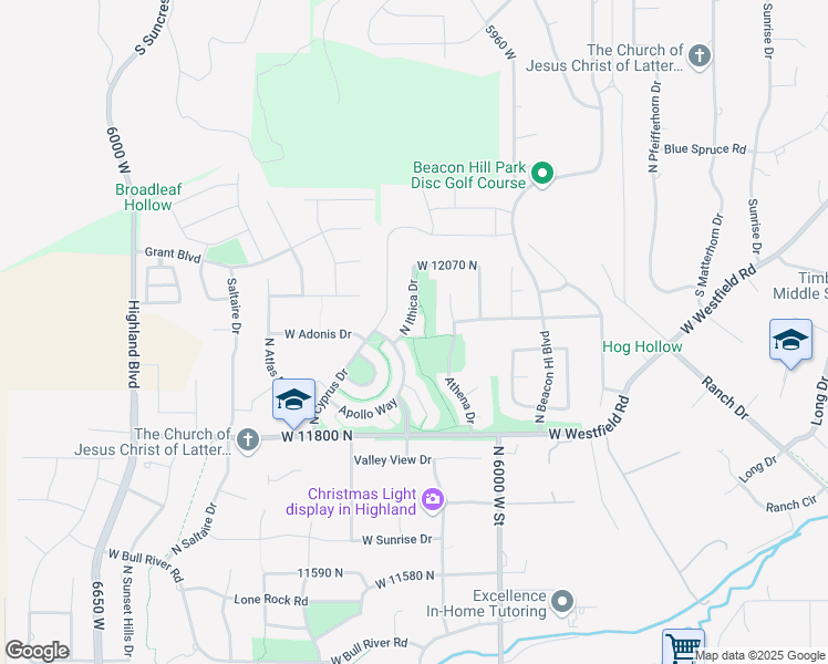 map of restaurants, bars, coffee shops, grocery stores, and more near 11968 North Ithica Drive in Highland