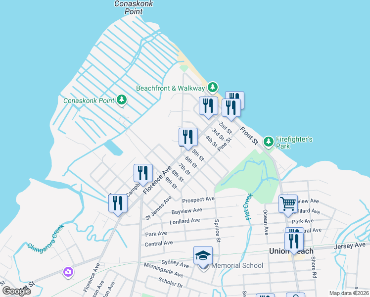 map of restaurants, bars, coffee shops, grocery stores, and more near 610 Florence Avenue in Union Beach