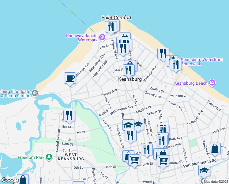 map of restaurants, bars, coffee shops, grocery stores, and more near 27 Lincoln Avenue in Keansburg