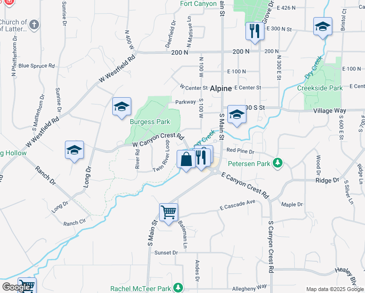 map of restaurants, bars, coffee shops, grocery stores, and more near 177 West Canyon Crest Road in Alpine