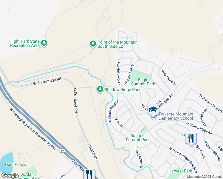 map of restaurants, bars, coffee shops, grocery stores, and more near 5025 North Shady Bend Lane in Lehi