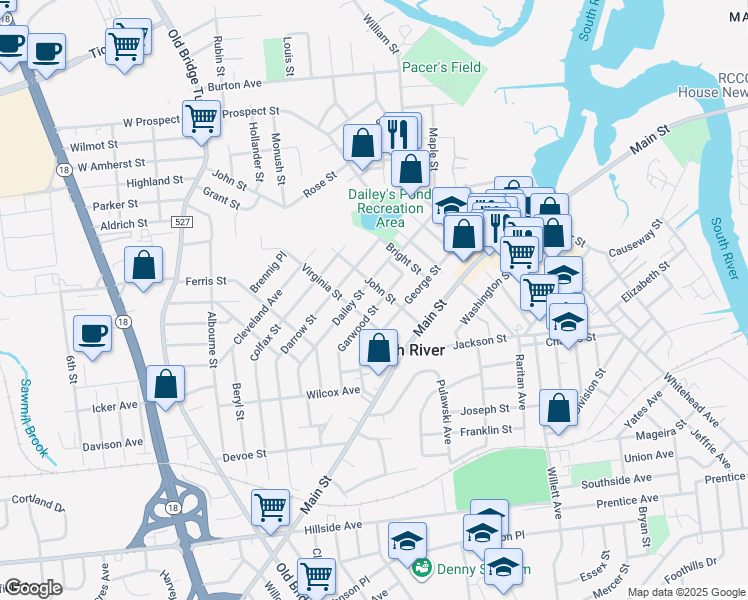 map of restaurants, bars, coffee shops, grocery stores, and more near 21 Virginia Street in South River